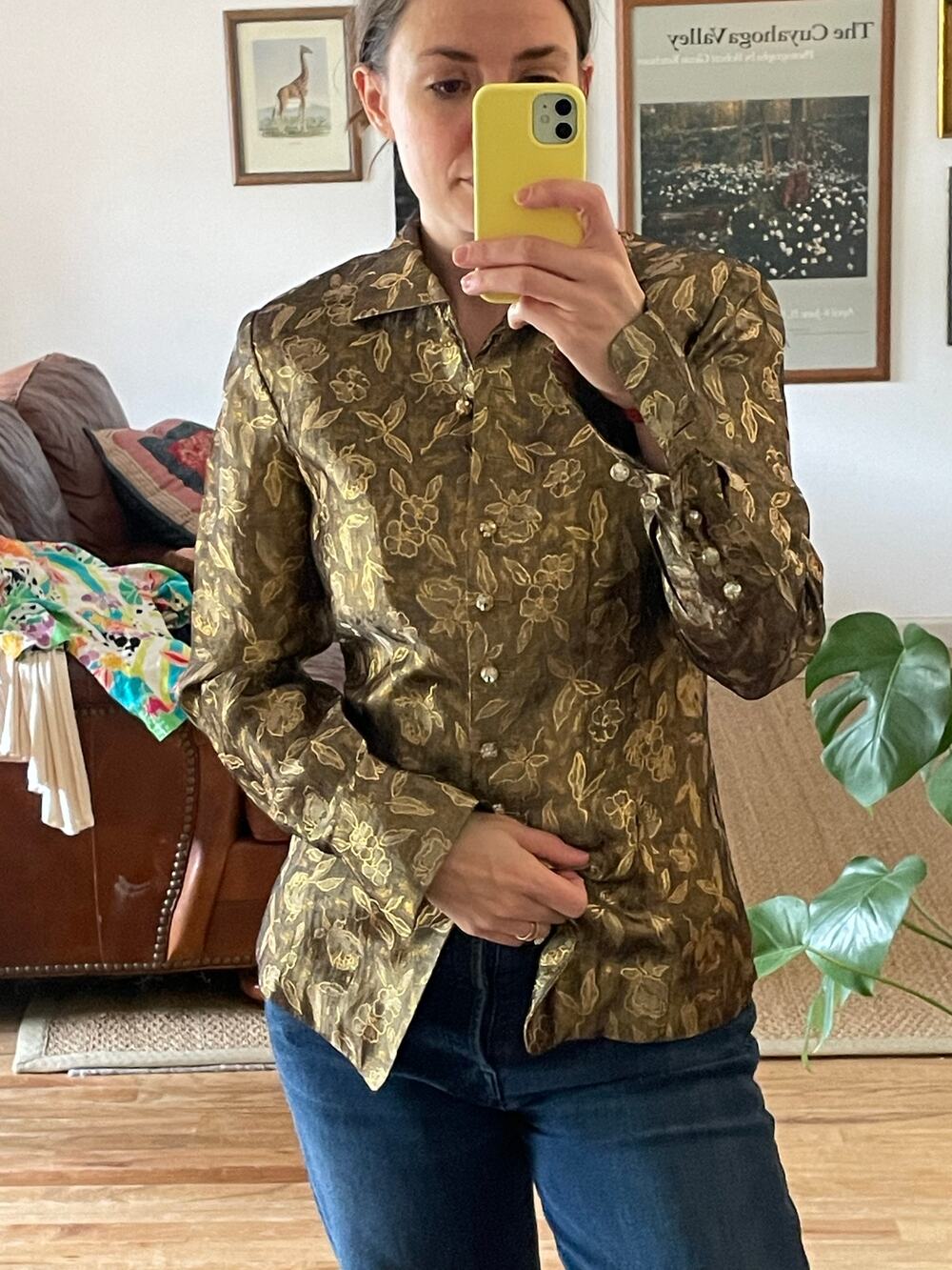 Vintage Metallic Brocade Gold Floral Blouse
